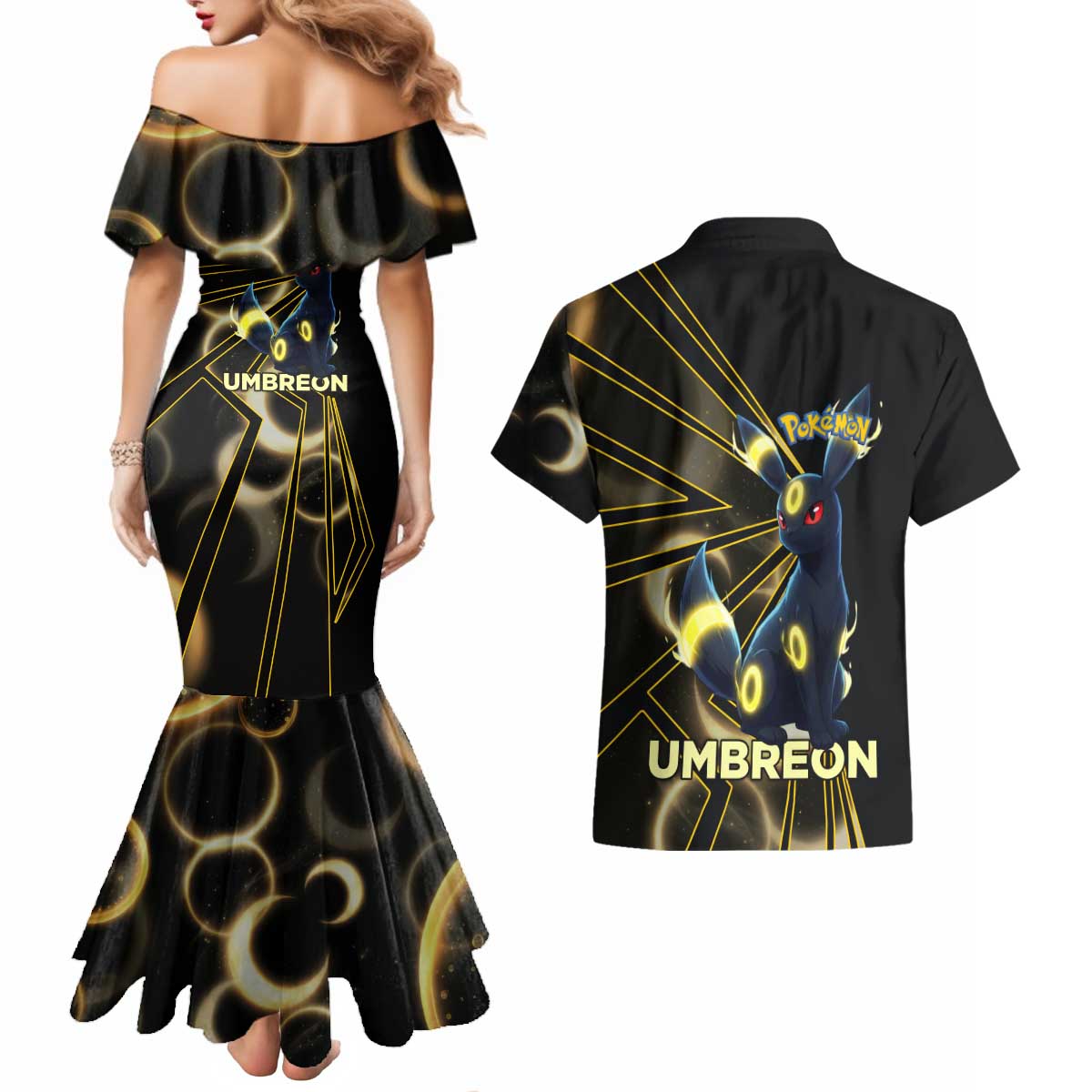 Umbreon Poké Couples Matching Mermaid Dress and Hawaiian Shirt Lunar Eclipse Comic Style