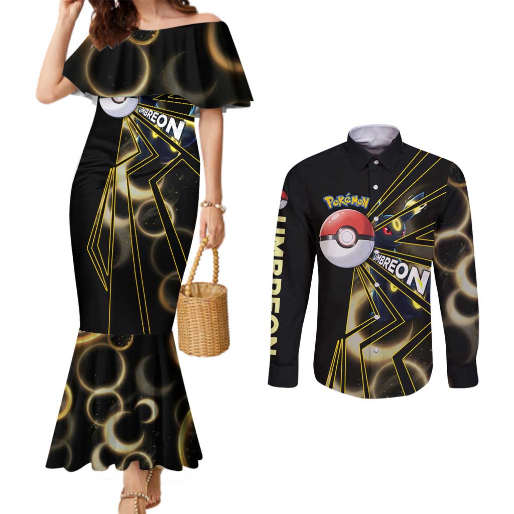 Umbreon Poké Couples Matching Mermaid Dress and Long Sleeve Button Shirt Lunar Eclipse Comic Style