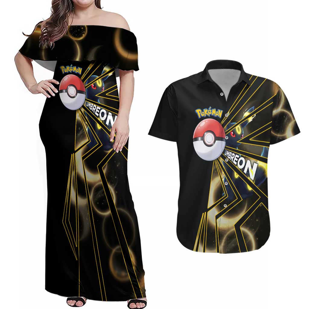 Umbreon Poké Couples Matching Off Shoulder Maxi Dress and Hawaiian Shirt Lunar Eclipse Comic Style