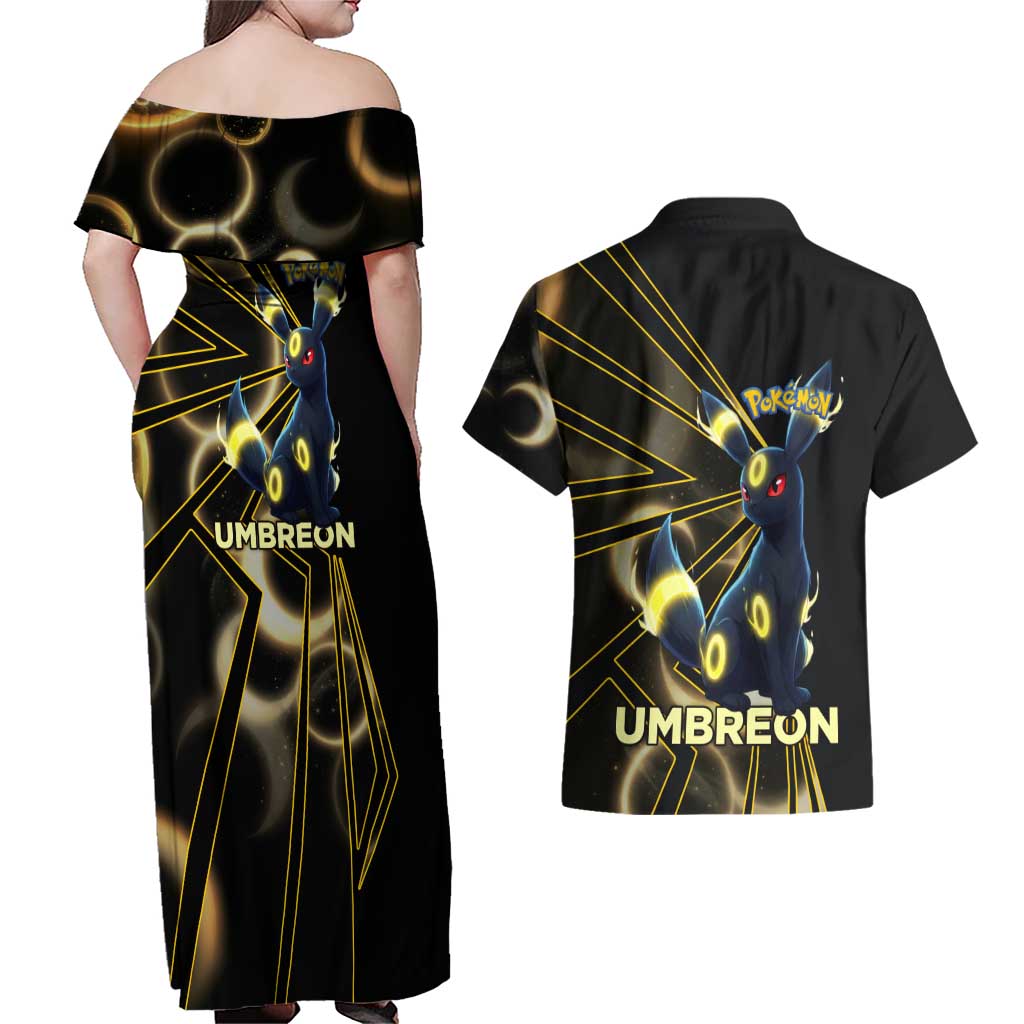 Umbreon Poké Couples Matching Off Shoulder Maxi Dress and Hawaiian Shirt Lunar Eclipse Comic Style