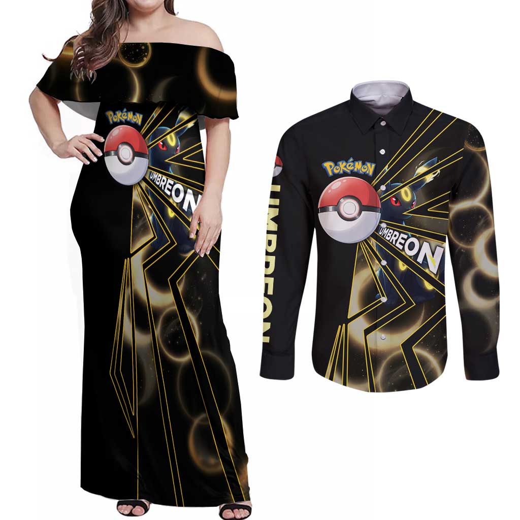 Umbreon Poké Couples Matching Off Shoulder Maxi Dress and Long Sleeve Button Shirt Lunar Eclipse Comic Style