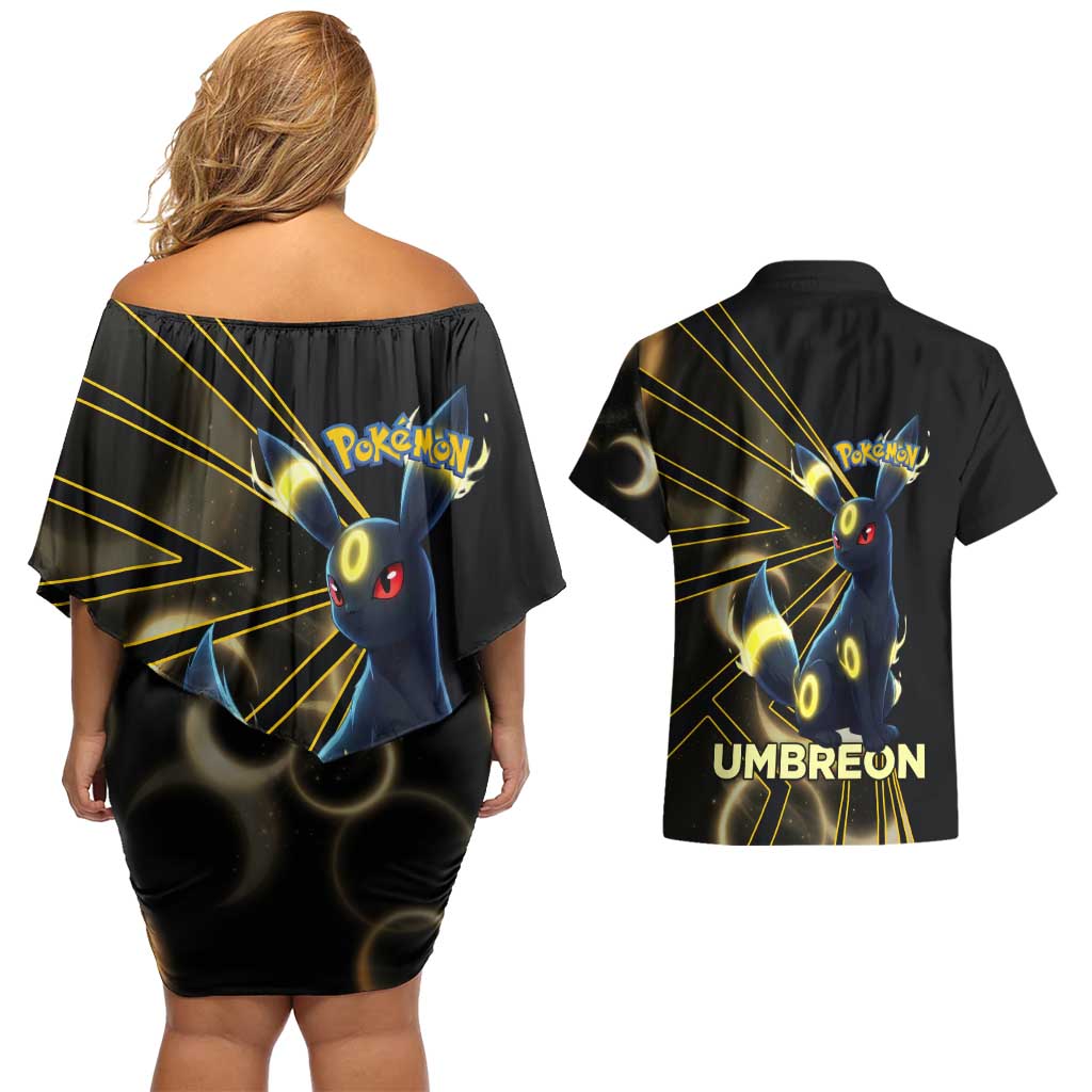 Umbreon Poké Couples Matching Off Shoulder Short Dress and Hawaiian Shirt Lunar Eclipse Comic Style