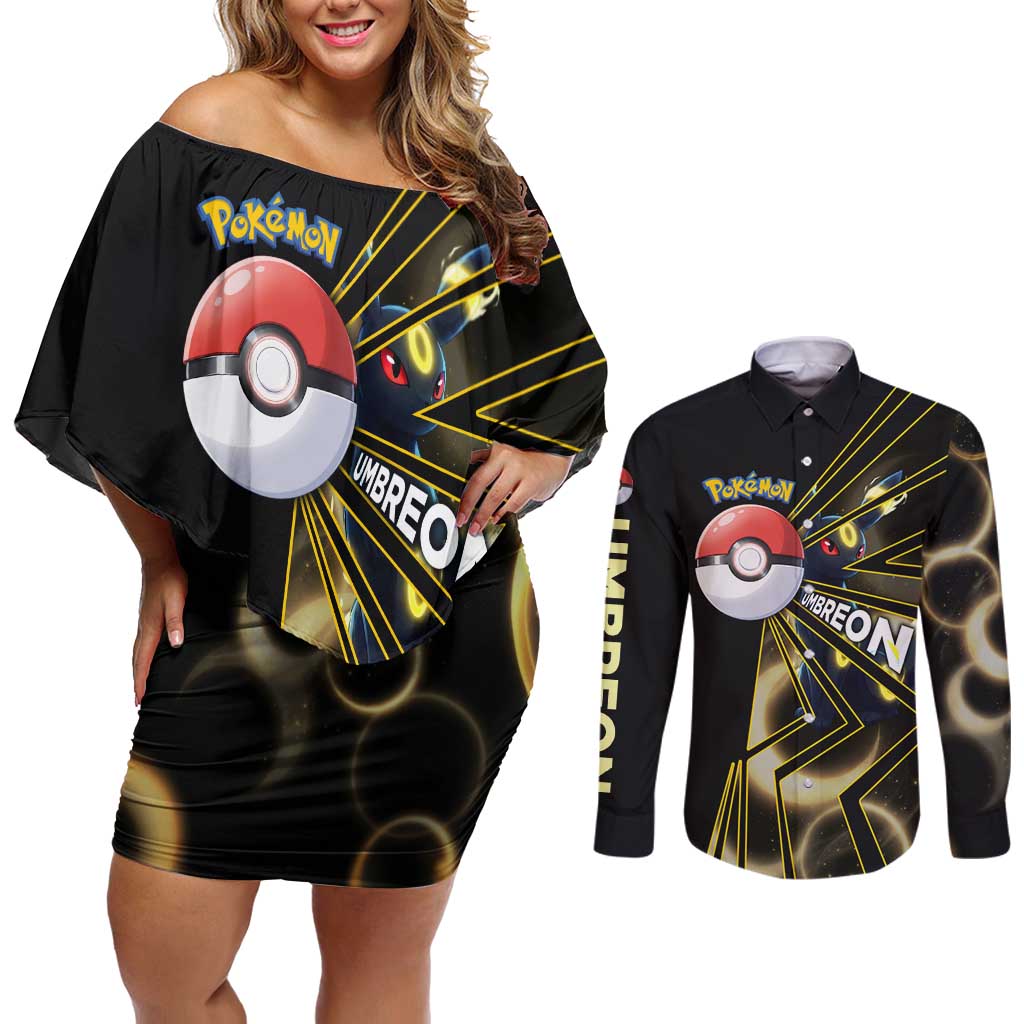 Umbreon Poké Couples Matching Off Shoulder Short Dress and Long Sleeve Button Shirt Lunar Eclipse Comic Style