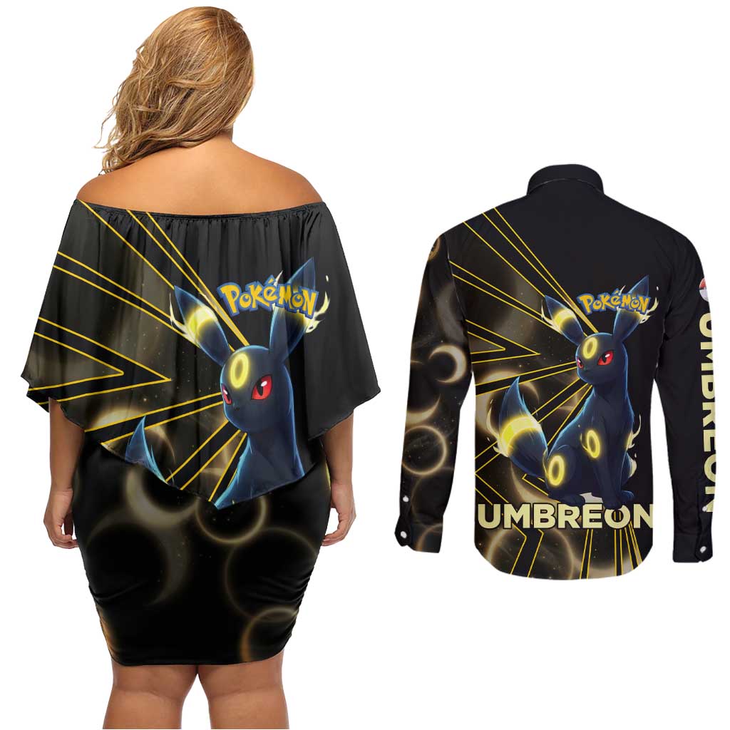 Umbreon Poké Couples Matching Off Shoulder Short Dress and Long Sleeve Button Shirt Lunar Eclipse Comic Style