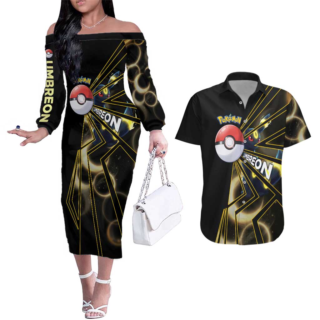 Umbreon Poké Couples Matching Off The Shoulder Long Sleeve Dress and Hawaiian Shirt Lunar Eclipse Comic Style