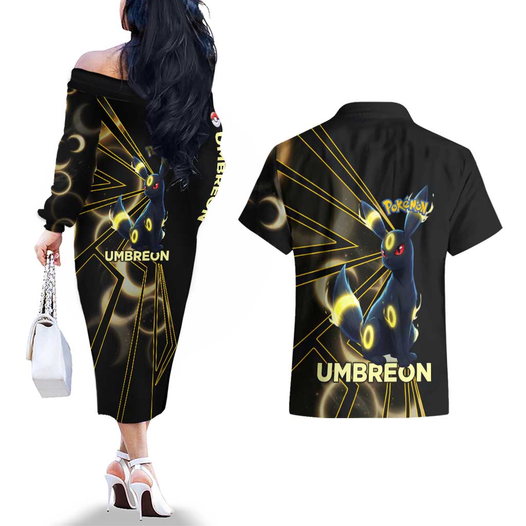 Umbreon Poké Couples Matching Off The Shoulder Long Sleeve Dress and Hawaiian Shirt Lunar Eclipse Comic Style