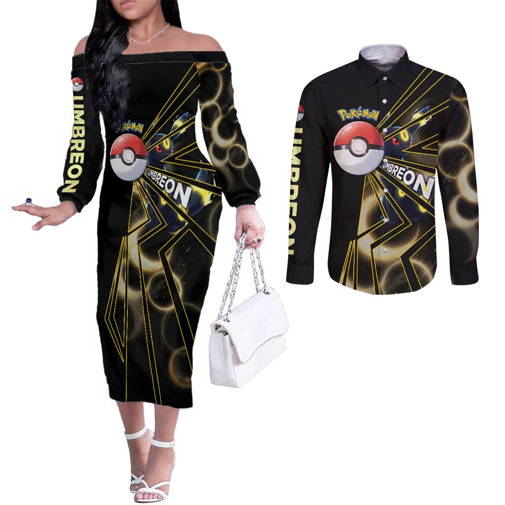 Umbreon Poké Couples Matching Off The Shoulder Long Sleeve Dress and Long Sleeve Button Shirt Lunar Eclipse Comic Style
