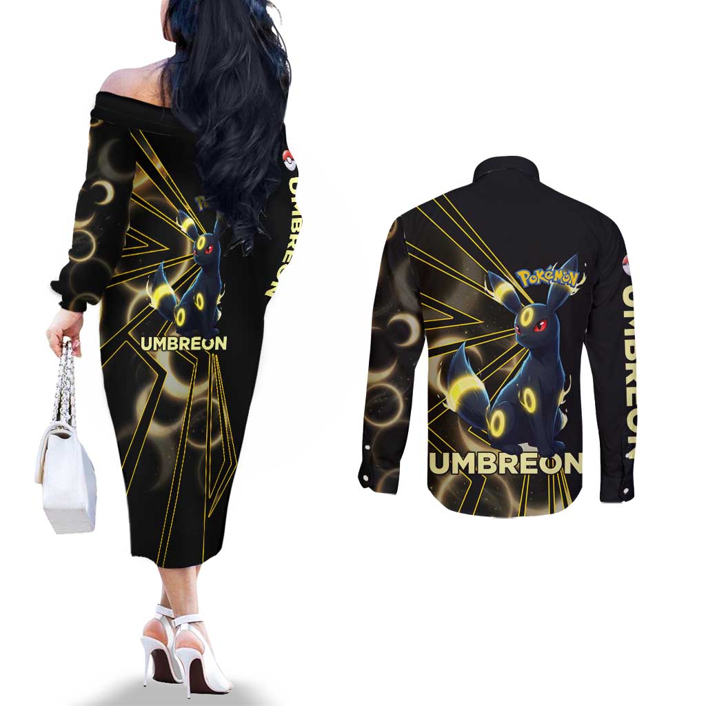 Umbreon Poké Couples Matching Off The Shoulder Long Sleeve Dress and Long Sleeve Button Shirt Lunar Eclipse Comic Style