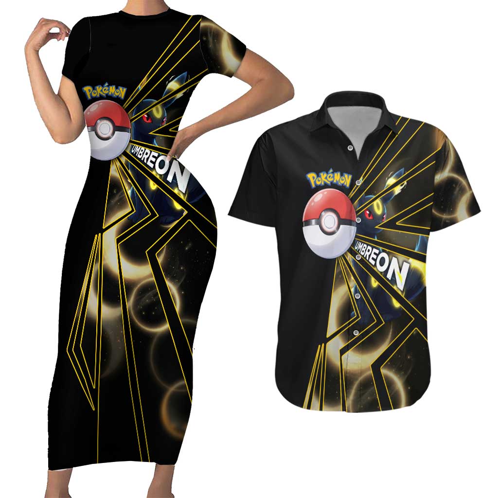 Umbreon Poké Couples Matching Short Sleeve Bodycon Dress and Hawaiian Shirt Lunar Eclipse Comic Style