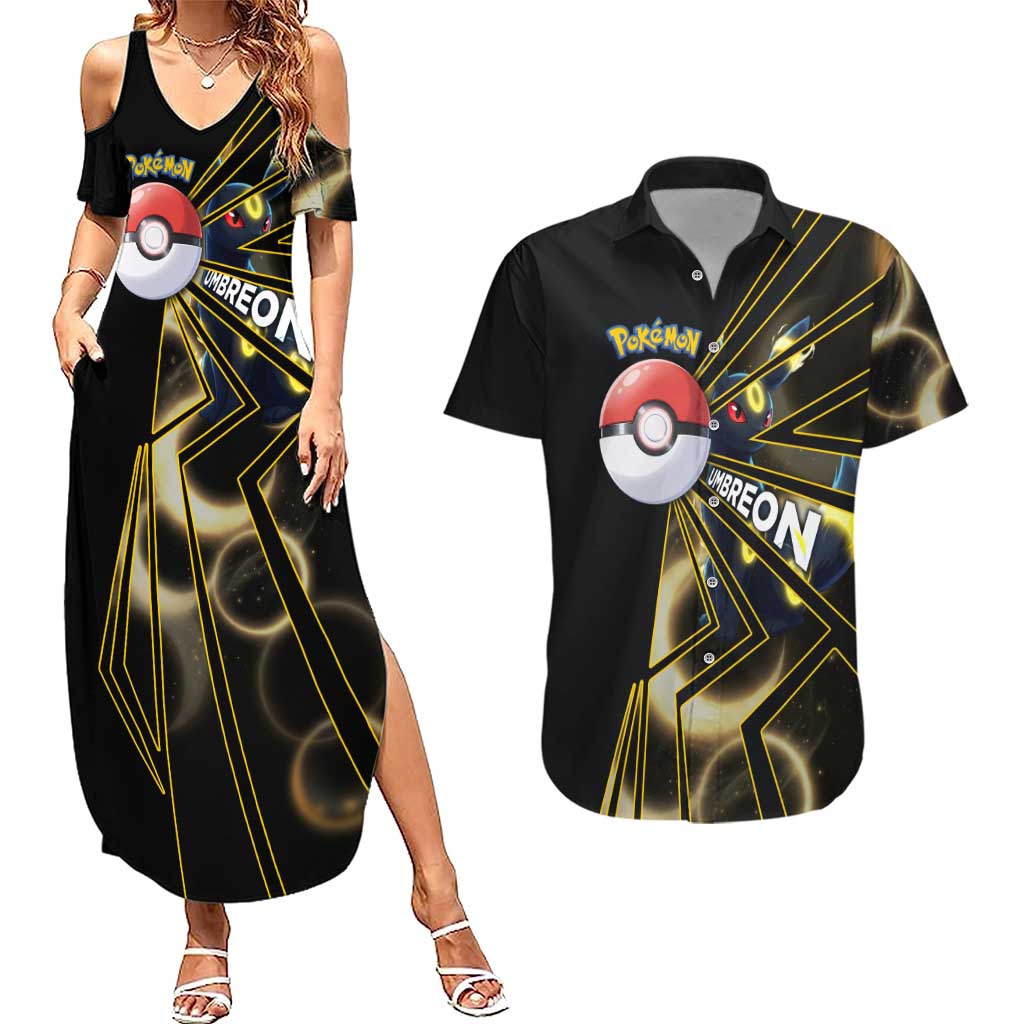 Umbreon Poké Couples Matching Summer Maxi Dress and Hawaiian Shirt Lunar Eclipse Comic Style