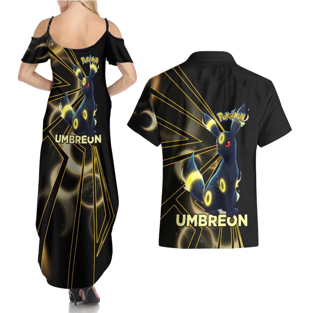 Umbreon Poké Couples Matching Summer Maxi Dress and Hawaiian Shirt Lunar Eclipse Comic Style