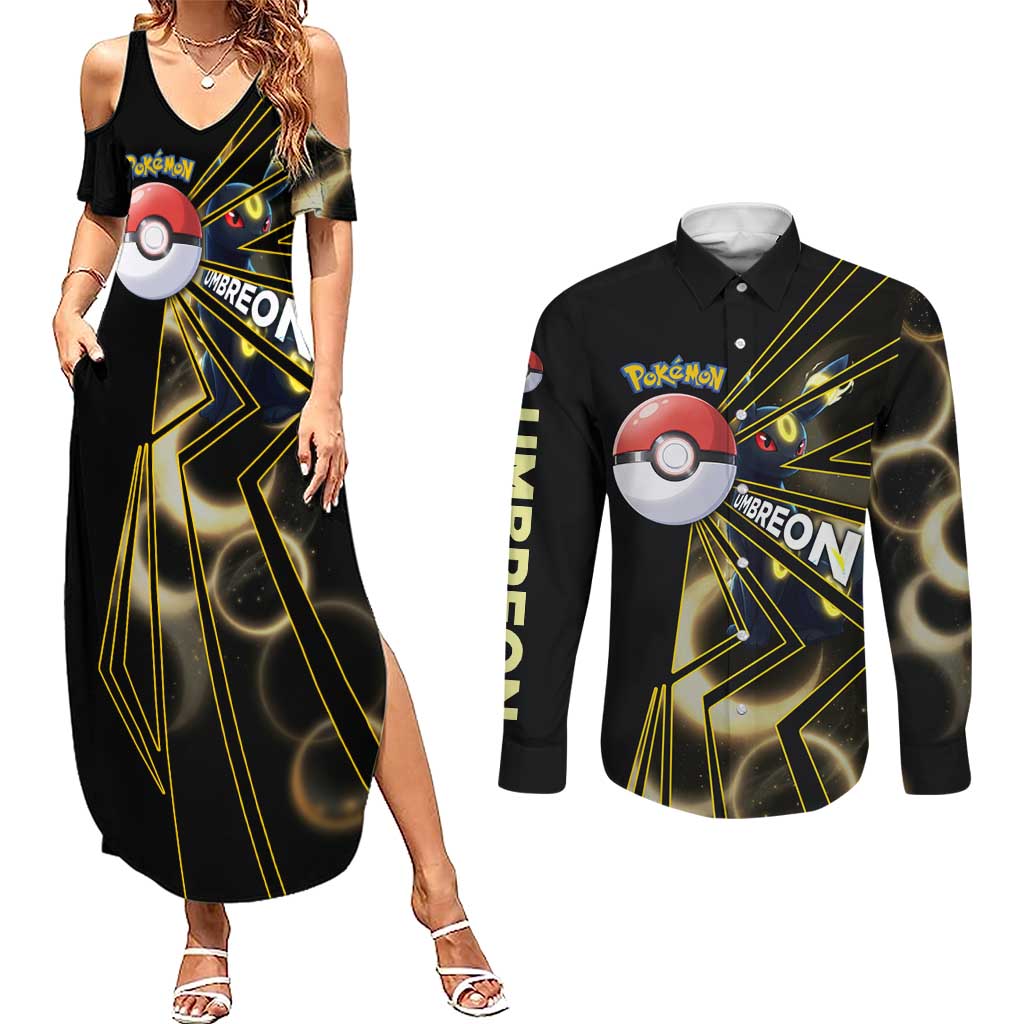 Umbreon Poké Couples Matching Summer Maxi Dress and Long Sleeve Button Shirt Lunar Eclipse Comic Style