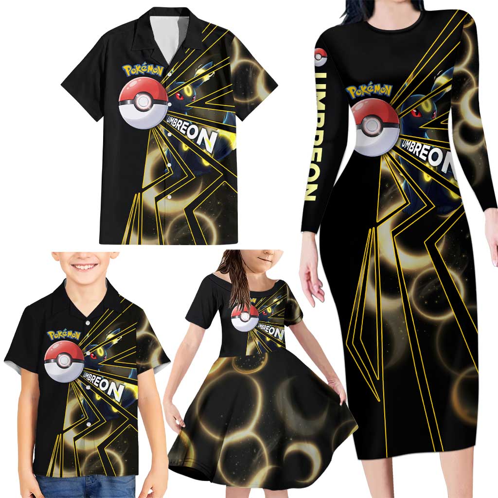 Umbreon Poké Family Matching Long Sleeve Bodycon Dress and Hawaiian Shirt Lunar Eclipse Comic Style