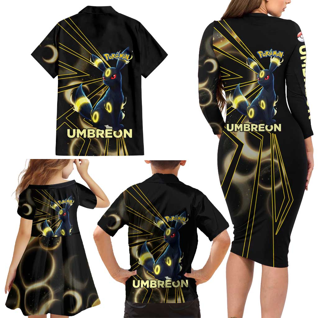Umbreon Poké Family Matching Long Sleeve Bodycon Dress and Hawaiian Shirt Lunar Eclipse Comic Style