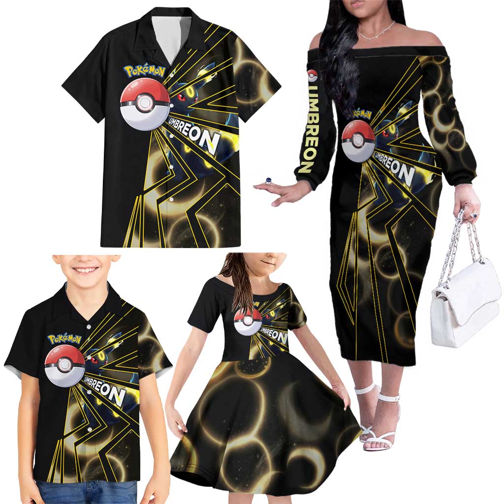 Umbreon Poké Family Matching Off The Shoulder Long Sleeve Dress and Hawaiian Shirt Lunar Eclipse Comic Style