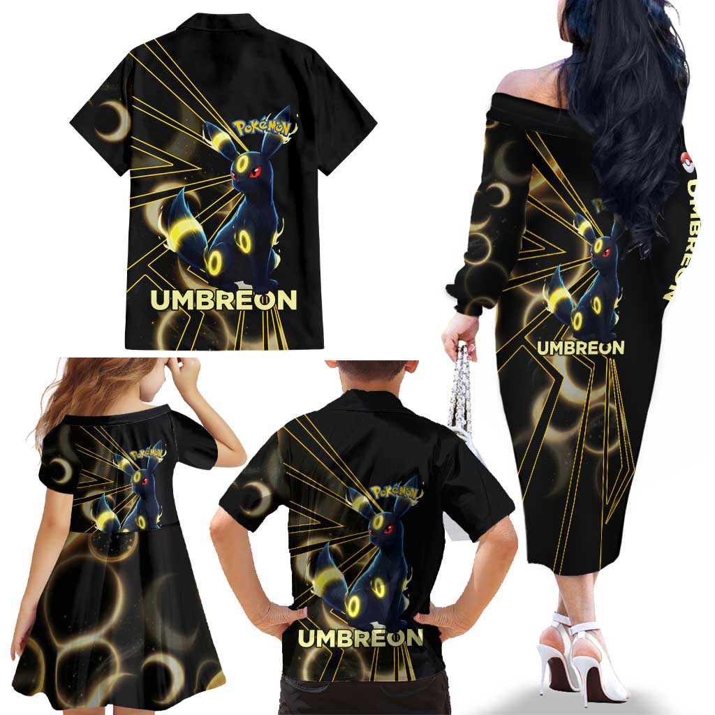 Umbreon Poké Family Matching Off The Shoulder Long Sleeve Dress and Hawaiian Shirt Lunar Eclipse Comic Style