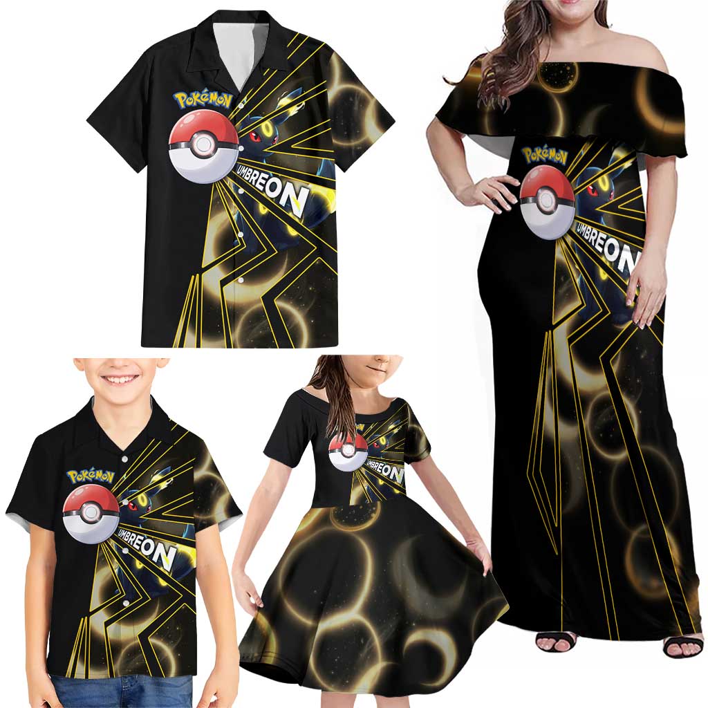 Umbreon Poké Family Matching Off Shoulder Maxi Dress and Hawaiian Shirt Lunar Eclipse Comic Style