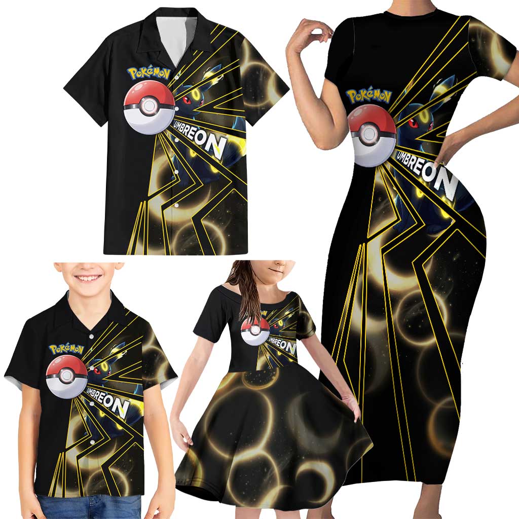 Umbreon Poké Family Matching Short Sleeve Bodycon Dress and Hawaiian Shirt Lunar Eclipse Comic Style
