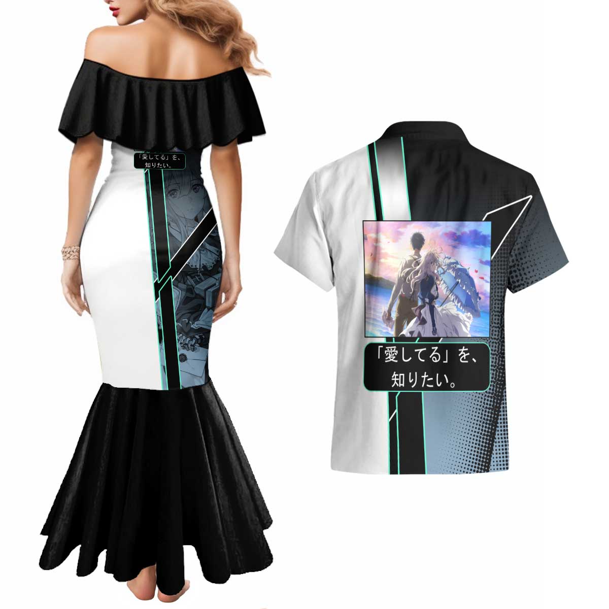 Violet Evergarden Couples Matching Mermaid Dress and Hawaiian Shirt Emotional Anime Romanticism Style