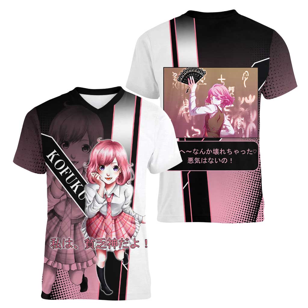 Kofuku Women V-Neck T-Shirt Playful Chaoscore Anime Style