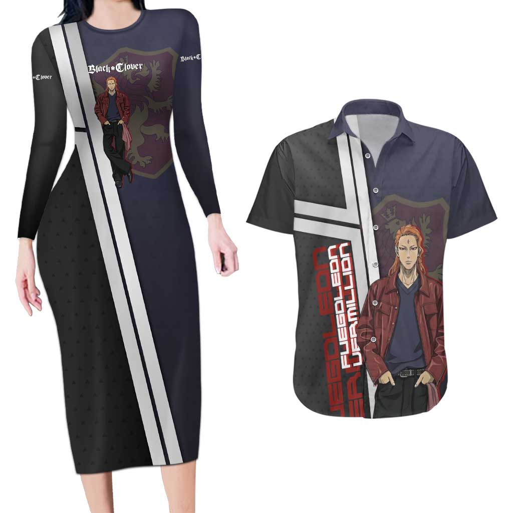 Black Clover Fuegoleon Vermillion Couples Matching Long Sleeve Bodycon Dress and Hawaiian Shirt Anime Illustration Style