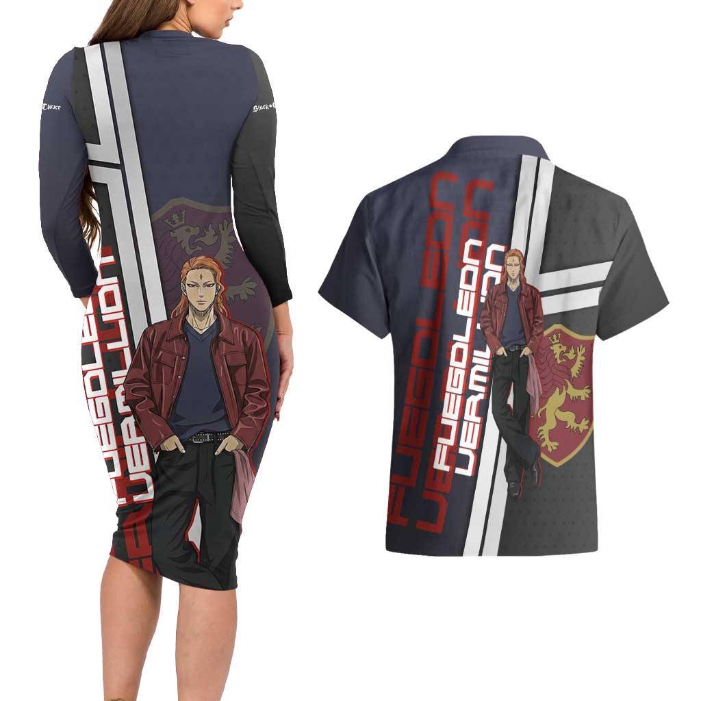 Black Clover Fuegoleon Vermillion Couples Matching Long Sleeve Bodycon Dress and Hawaiian Shirt Anime Illustration Style