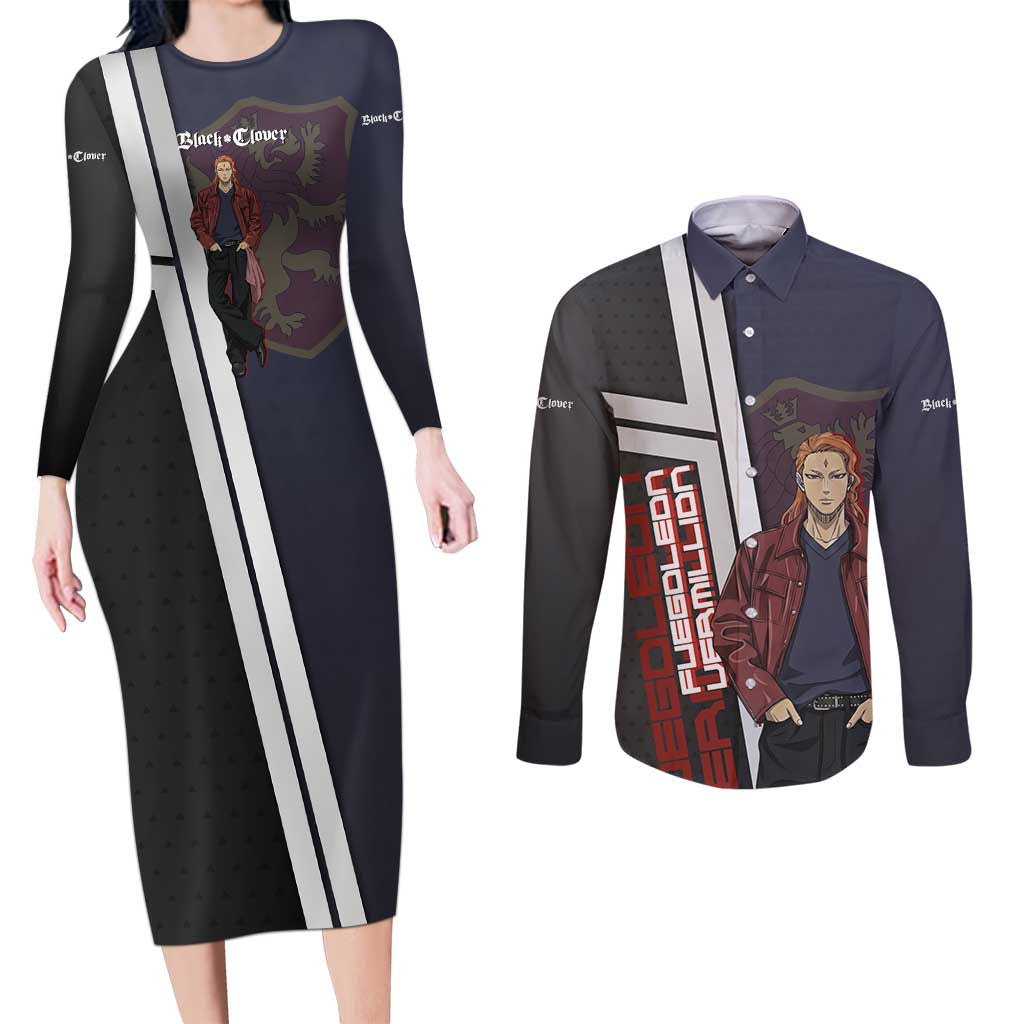 Black Clover Fuegoleon Vermillion Couples Matching Long Sleeve Bodycon Dress and Long Sleeve Button Shirt Anime Illustration Style