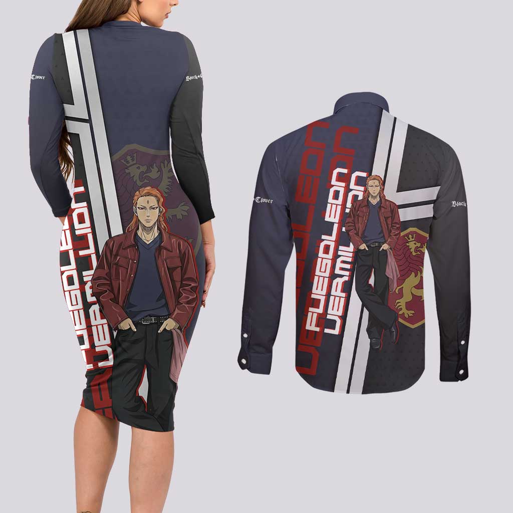 Black Clover Fuegoleon Vermillion Couples Matching Long Sleeve Bodycon Dress and Long Sleeve Button Shirt Anime Illustration Style