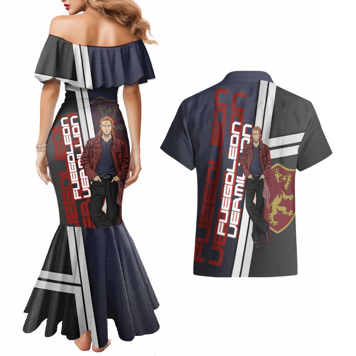 Black Clover Fuegoleon Vermillion Couples Matching Mermaid Dress and Hawaiian Shirt Anime Illustration Style