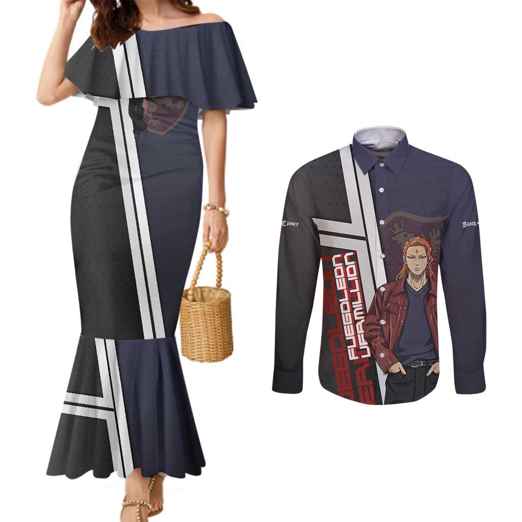 Black Clover Fuegoleon Vermillion Couples Matching Mermaid Dress and Long Sleeve Button Shirt Anime Illustration Style