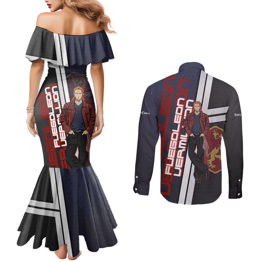 Black Clover Fuegoleon Vermillion Couples Matching Mermaid Dress and Long Sleeve Button Shirt Anime Illustration Style