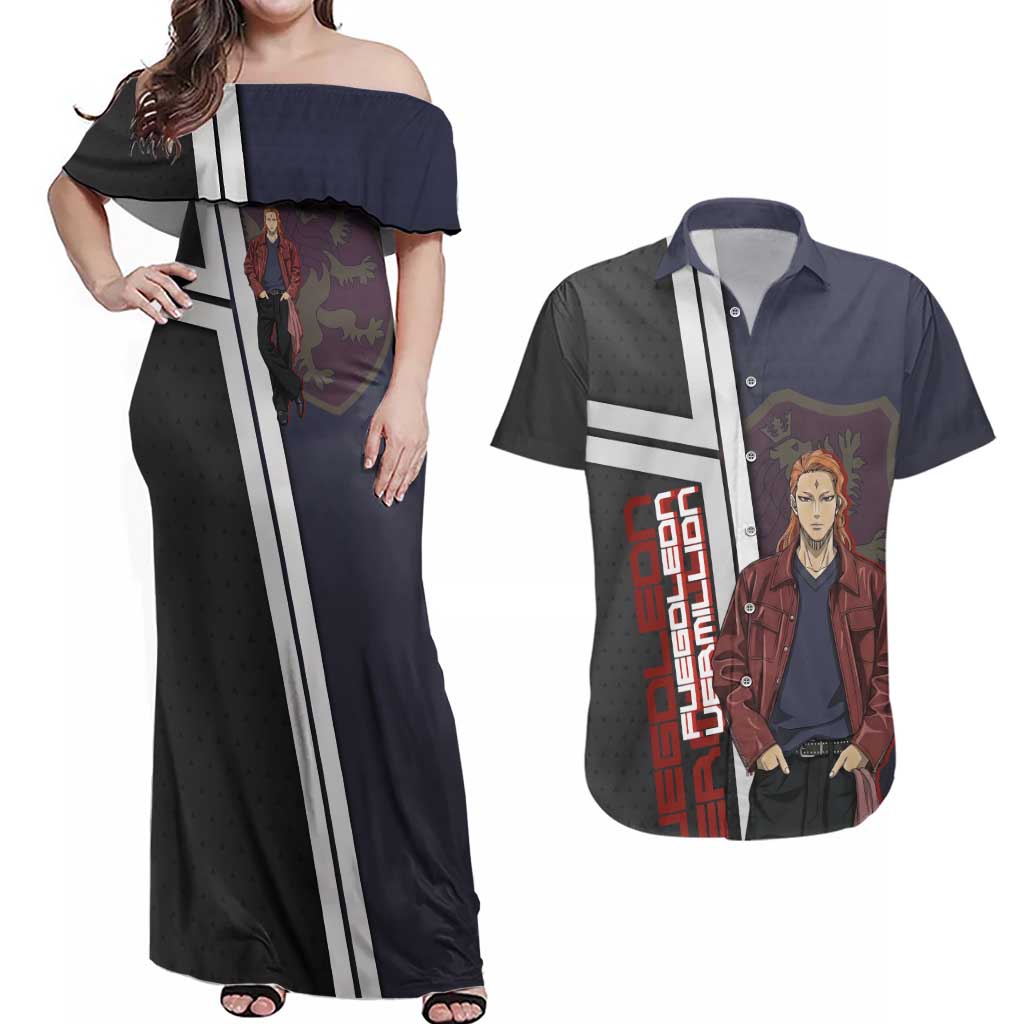 Black Clover Fuegoleon Vermillion Couples Matching Off Shoulder Maxi Dress and Hawaiian Shirt Anime Illustration Style