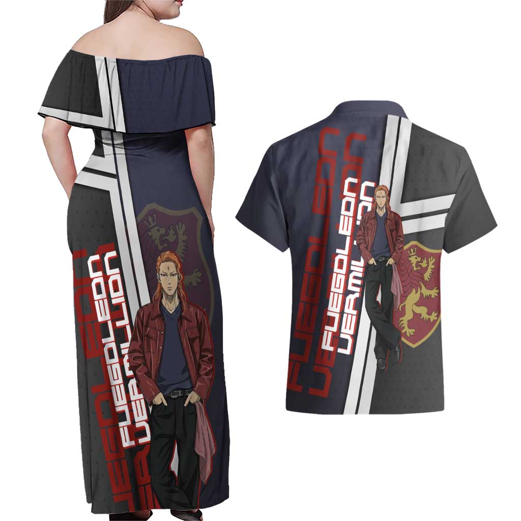 Black Clover Fuegoleon Vermillion Couples Matching Off Shoulder Maxi Dress and Hawaiian Shirt Anime Illustration Style