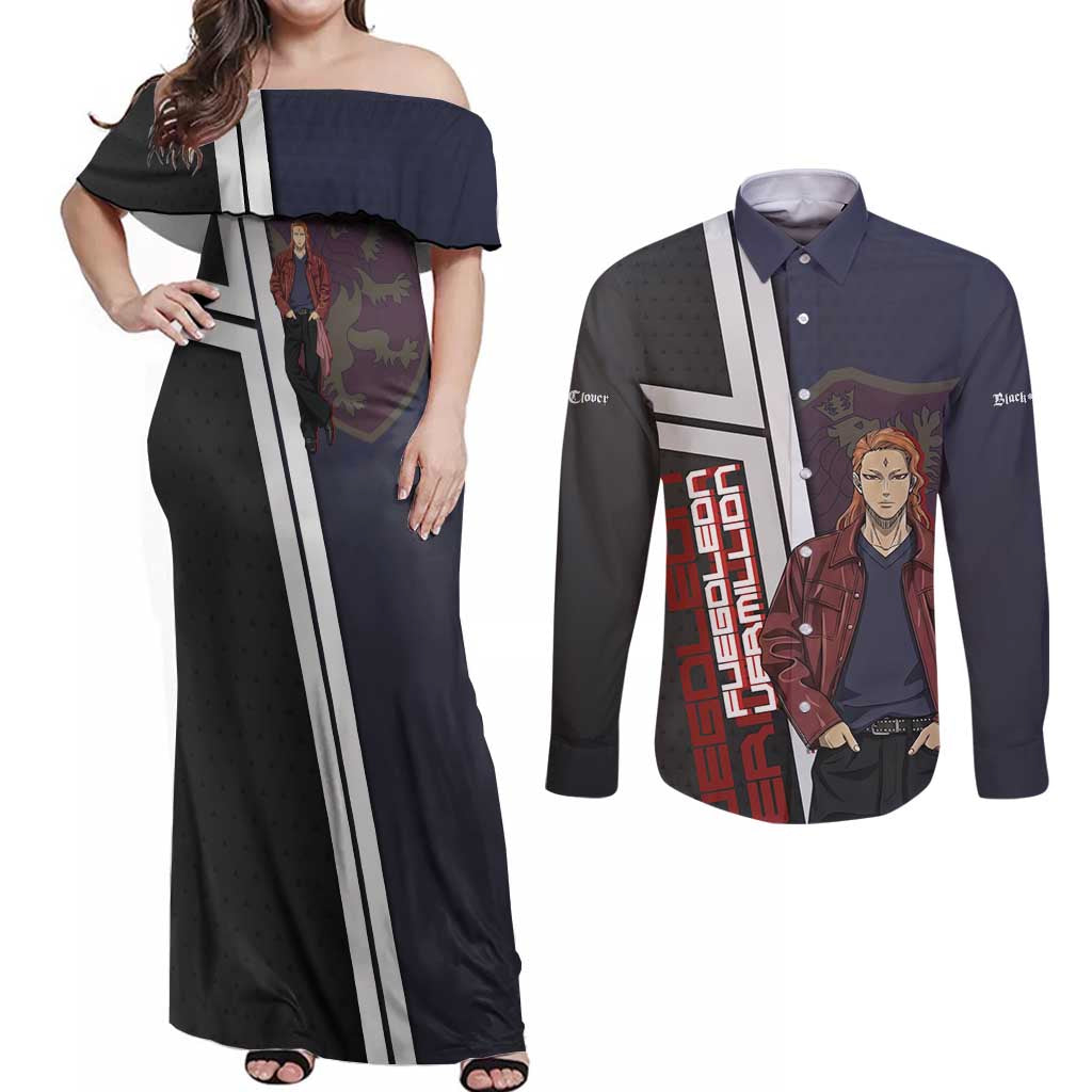 Black Clover Fuegoleon Vermillion Couples Matching Off Shoulder Maxi Dress and Long Sleeve Button Shirt Anime Illustration Style