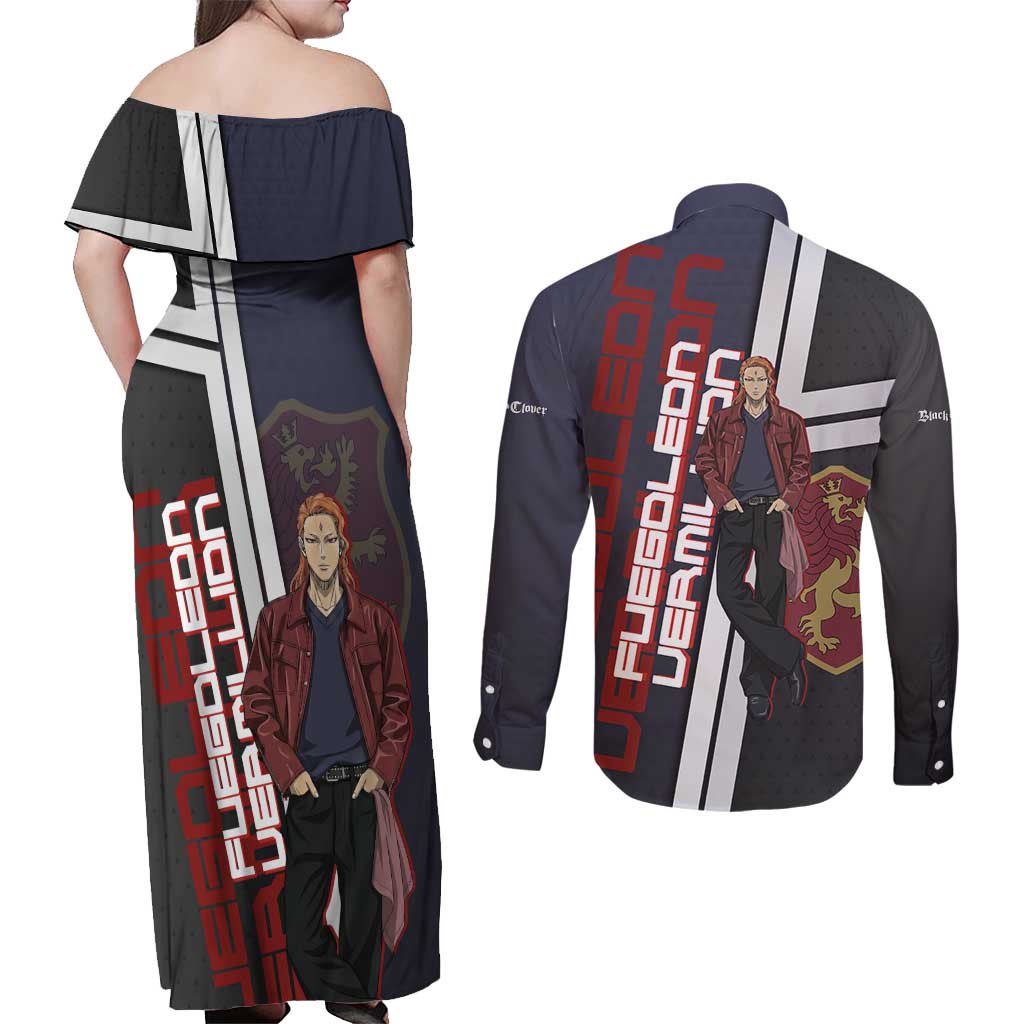Black Clover Fuegoleon Vermillion Couples Matching Off Shoulder Maxi Dress and Long Sleeve Button Shirt Anime Illustration Style