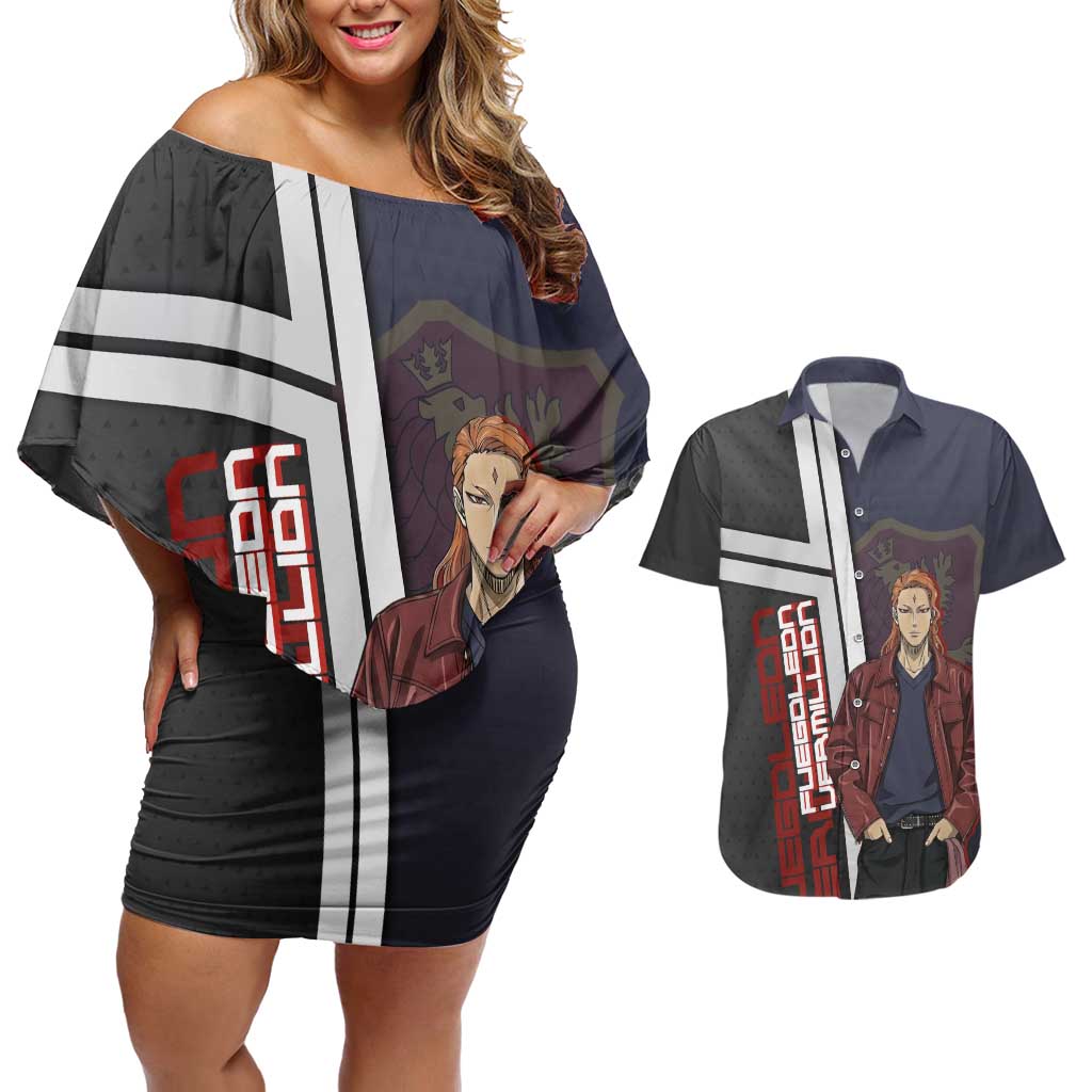 Black Clover Fuegoleon Vermillion Couples Matching Off Shoulder Short Dress and Hawaiian Shirt Anime Illustration Style