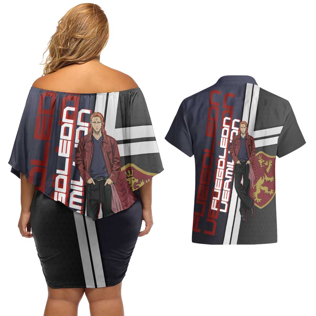 Black Clover Fuegoleon Vermillion Couples Matching Off Shoulder Short Dress and Hawaiian Shirt Anime Illustration Style