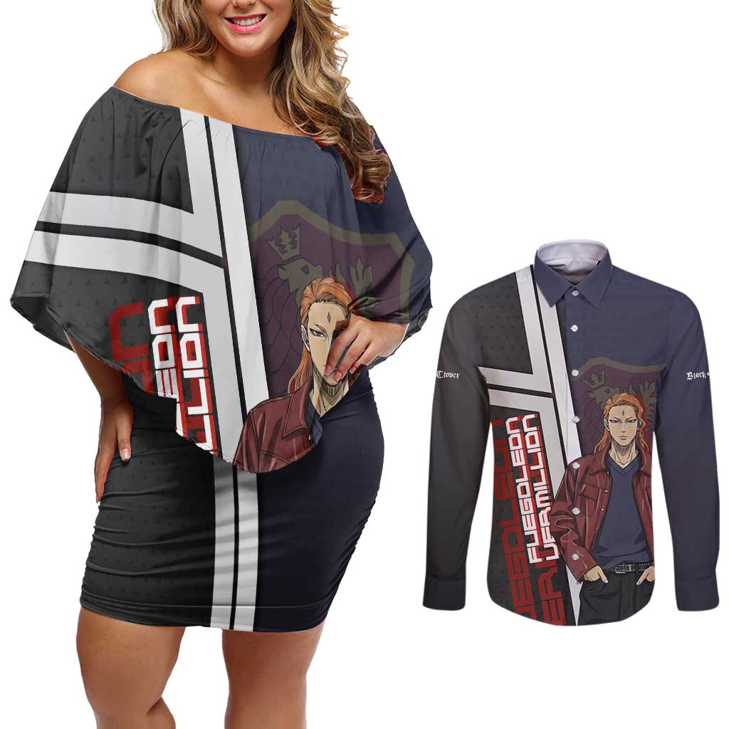 Black Clover Fuegoleon Vermillion Couples Matching Off Shoulder Short Dress and Long Sleeve Button Shirt Anime Illustration Style