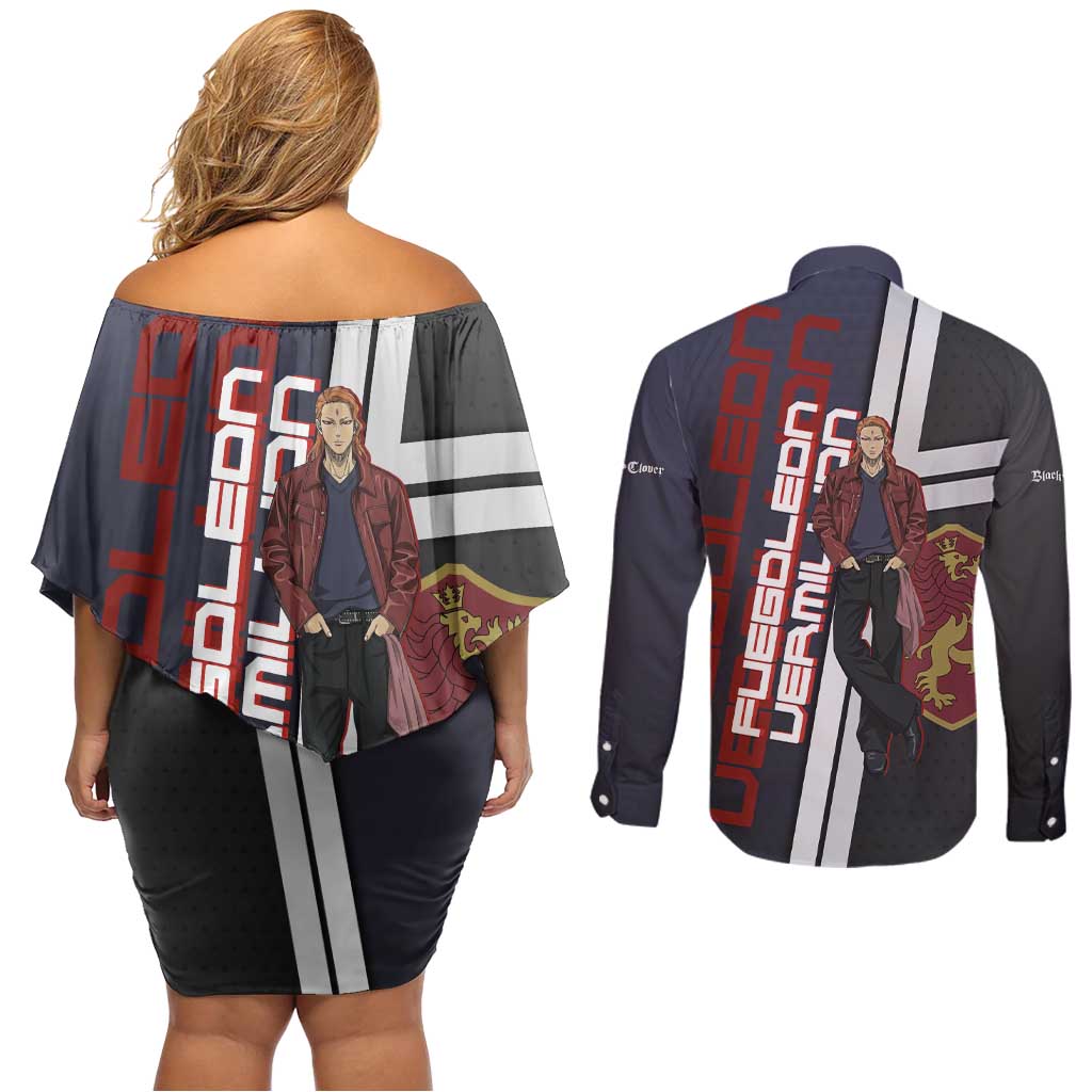 Black Clover Fuegoleon Vermillion Couples Matching Off Shoulder Short Dress and Long Sleeve Button Shirt Anime Illustration Style