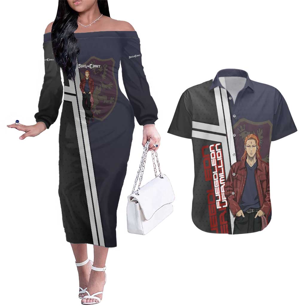 Black Clover Fuegoleon Vermillion Couples Matching Off The Shoulder Long Sleeve Dress and Hawaiian Shirt Anime Illustration Style