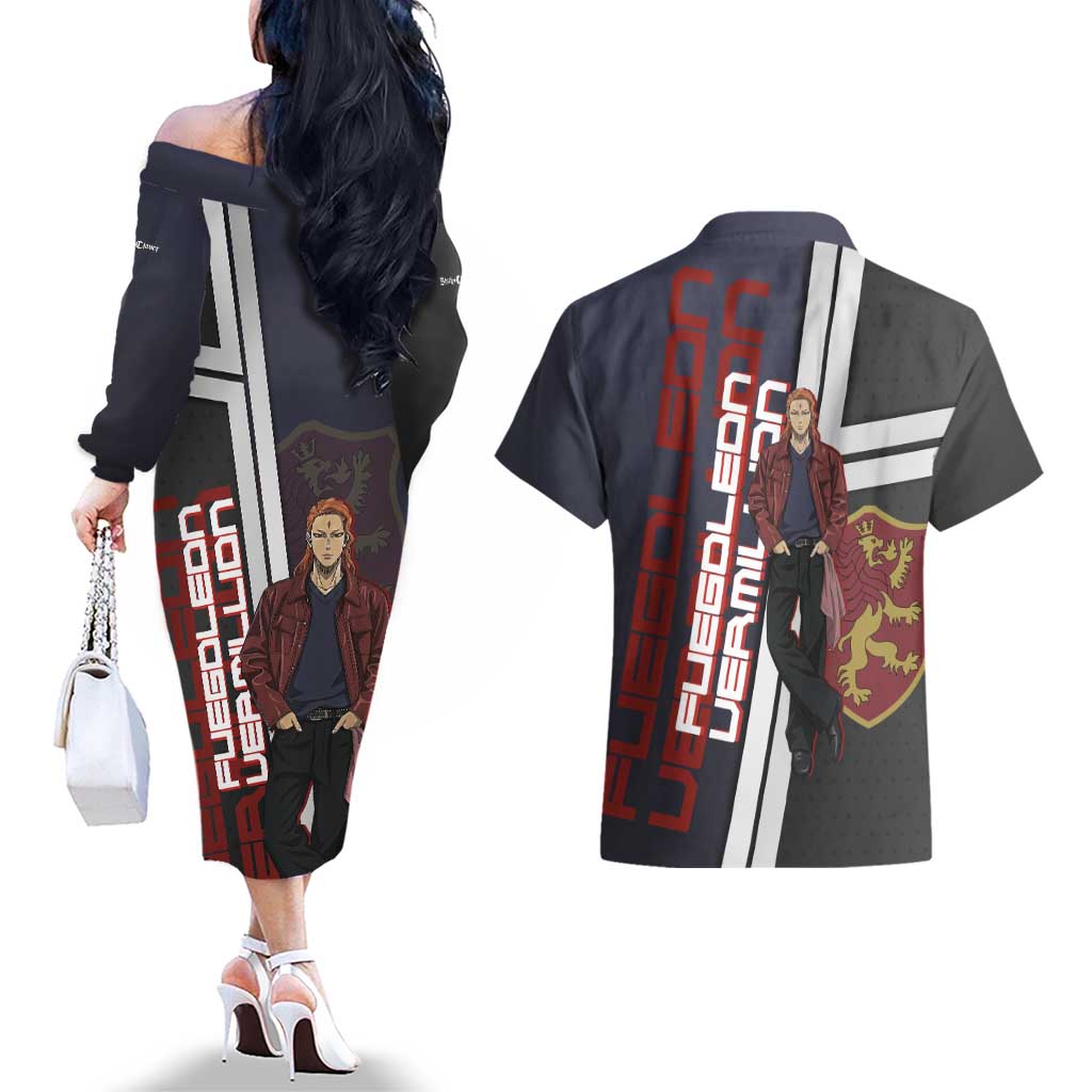 Black Clover Fuegoleon Vermillion Couples Matching Off The Shoulder Long Sleeve Dress and Hawaiian Shirt Anime Illustration Style