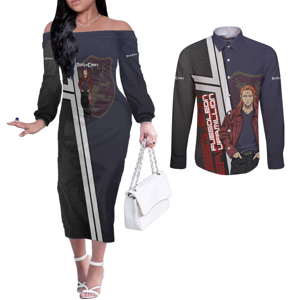Black Clover Fuegoleon Vermillion Couples Matching Off The Shoulder Long Sleeve Dress and Long Sleeve Button Shirt Anime Illustration Style