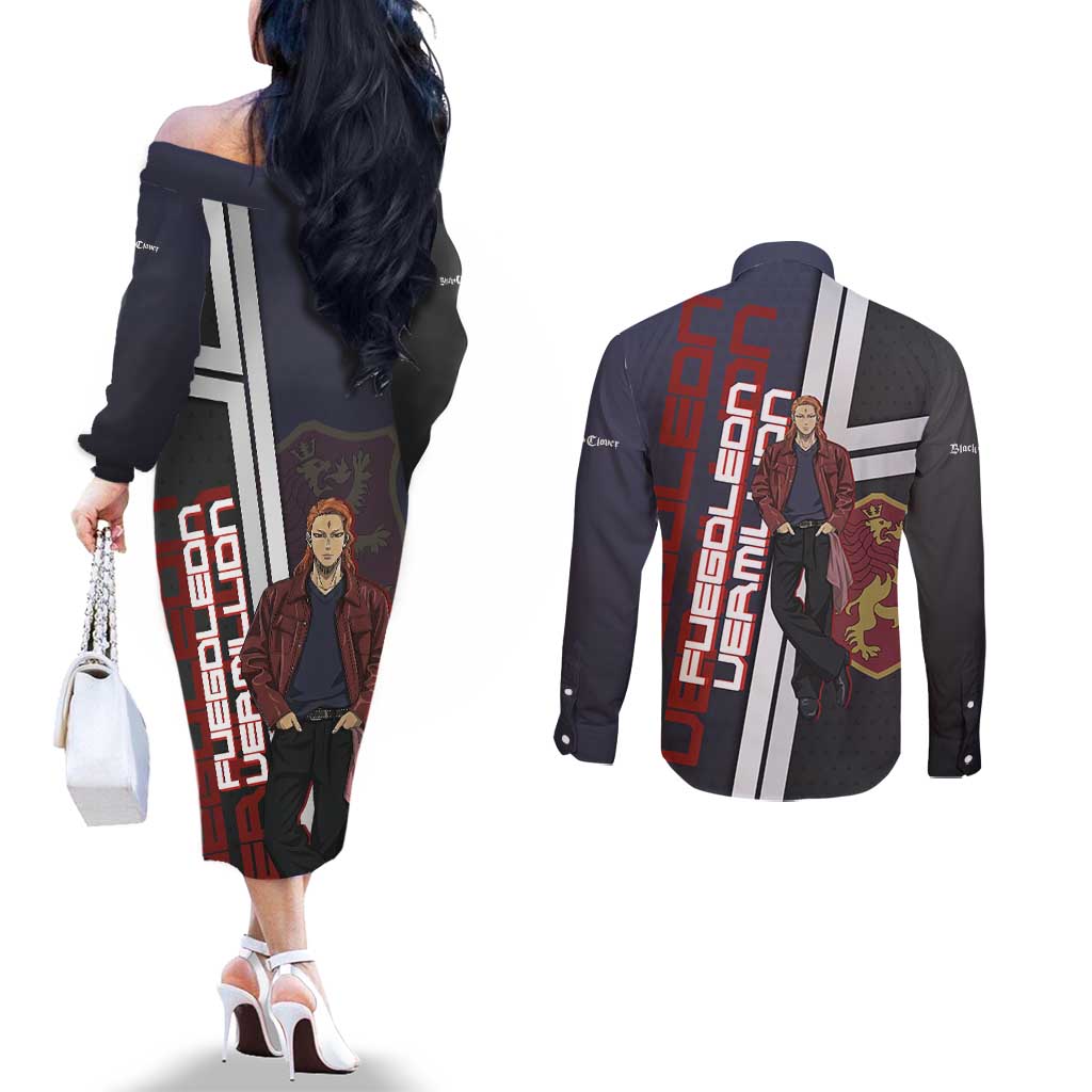 Black Clover Fuegoleon Vermillion Couples Matching Off The Shoulder Long Sleeve Dress and Long Sleeve Button Shirt Anime Illustration Style