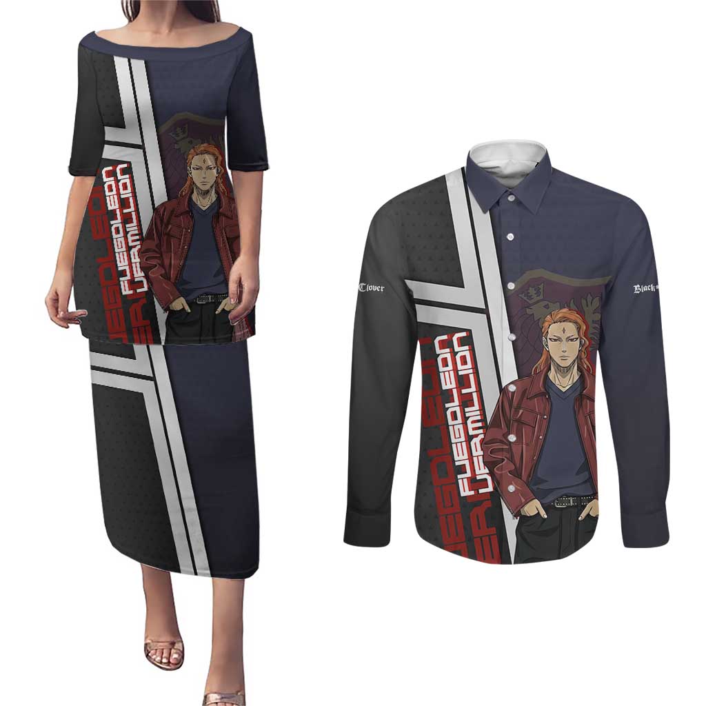 Black Clover Fuegoleon Vermillion Couples Matching Puletasi and Long Sleeve Button Shirt Anime Illustration Style