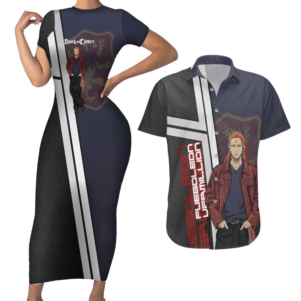 Black Clover Fuegoleon Vermillion Couples Matching Short Sleeve Bodycon Dress and Hawaiian Shirt Anime Illustration Style