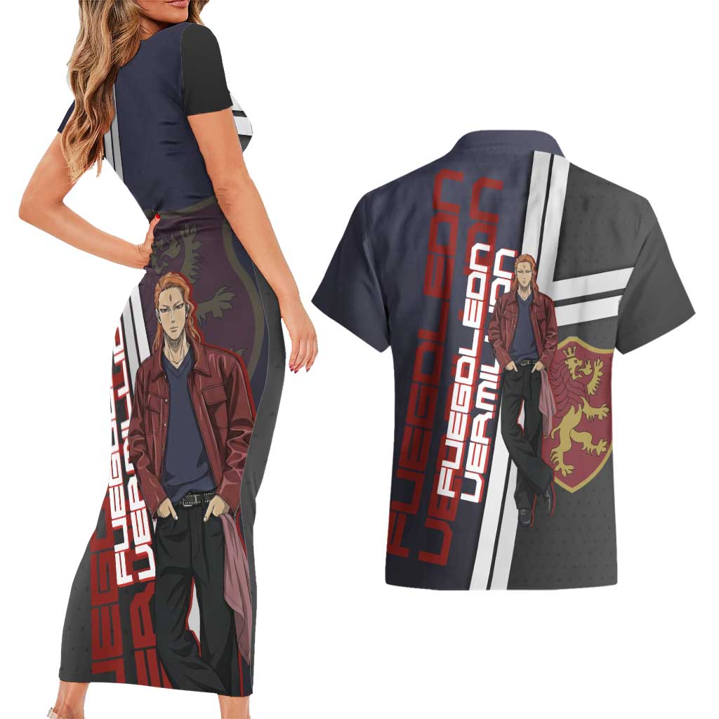 Black Clover Fuegoleon Vermillion Couples Matching Short Sleeve Bodycon Dress and Hawaiian Shirt Anime Illustration Style