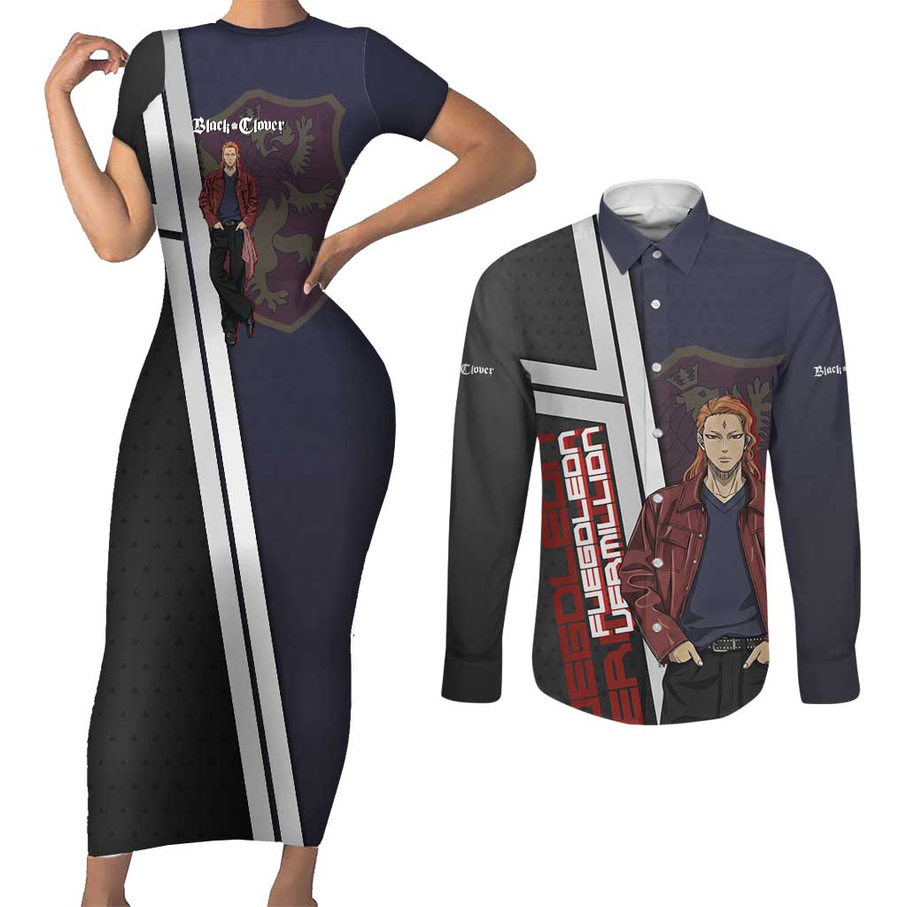 Black Clover Fuegoleon Vermillion Couples Matching Short Sleeve Bodycon Dress and Long Sleeve Button Shirt Anime Illustration Style