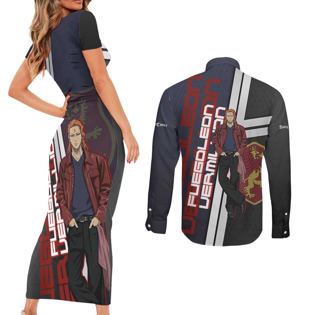 Black Clover Fuegoleon Vermillion Couples Matching Short Sleeve Bodycon Dress and Long Sleeve Button Shirt Anime Illustration Style