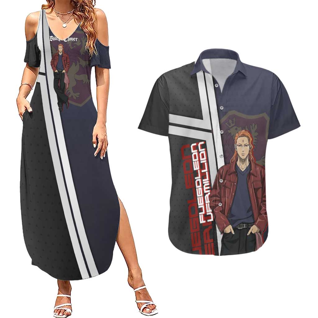 Black Clover Fuegoleon Vermillion Couples Matching Summer Maxi Dress and Hawaiian Shirt Anime Illustration Style