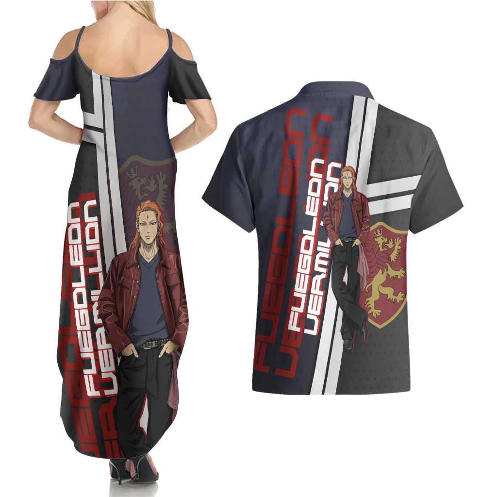 Black Clover Fuegoleon Vermillion Couples Matching Summer Maxi Dress and Hawaiian Shirt Anime Illustration Style